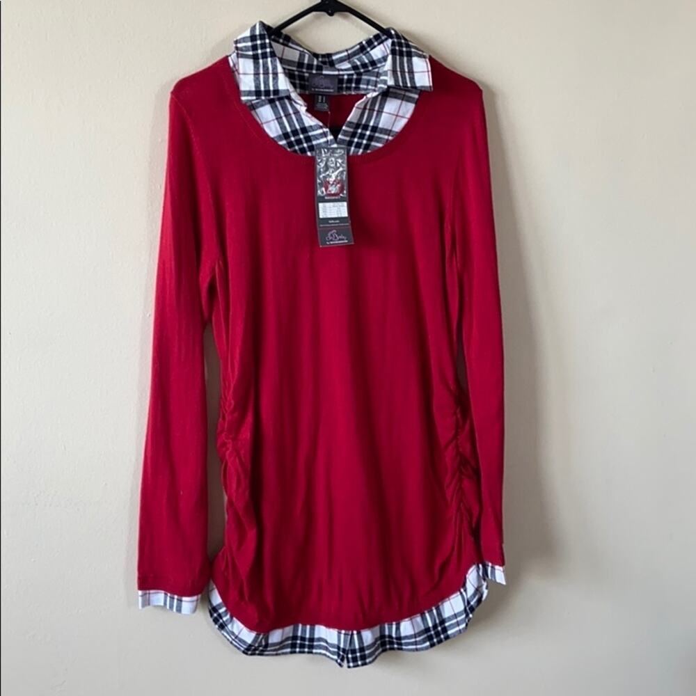 New Red Black White Plaid Collared Maternity Top Knit Sweater Large Pregnancy